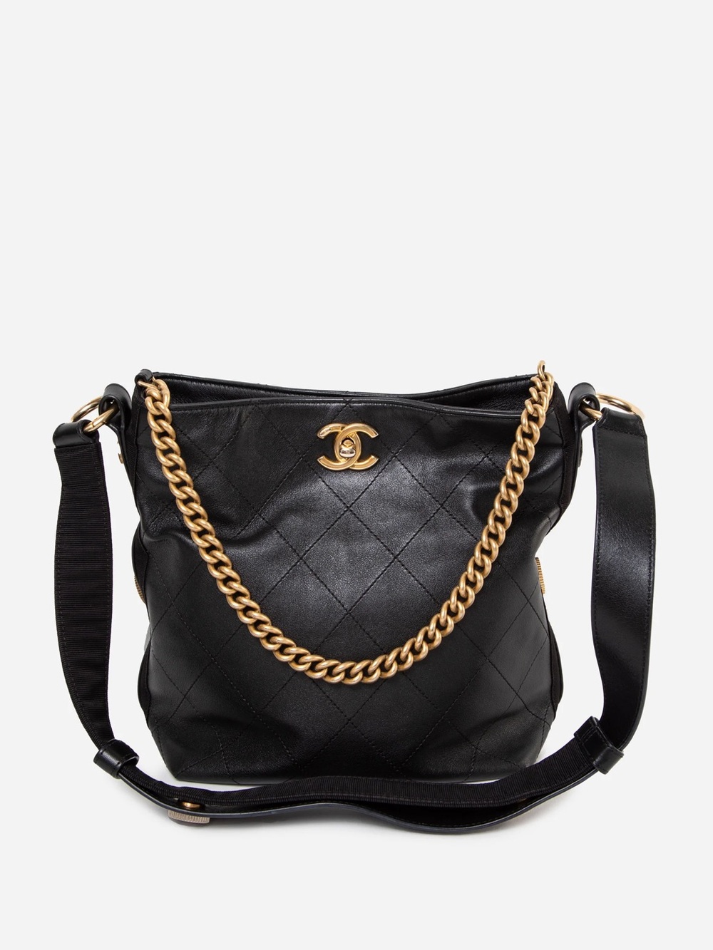 Pre-Owned Chanel 2019 Small Black Calfskin Button Up Hobo Bag